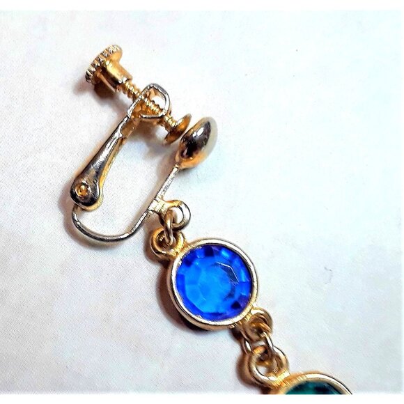 Vintage Earrings Goldtone Screw Back Banded Faceted Crystal - Picture 4 of 6